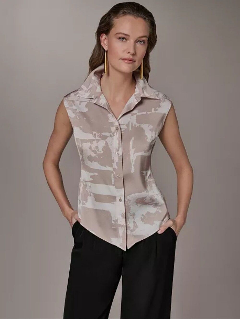 Donna Karan New York Petite Sleeveless Collared Top In Snow Petal Multi PS Nwt
